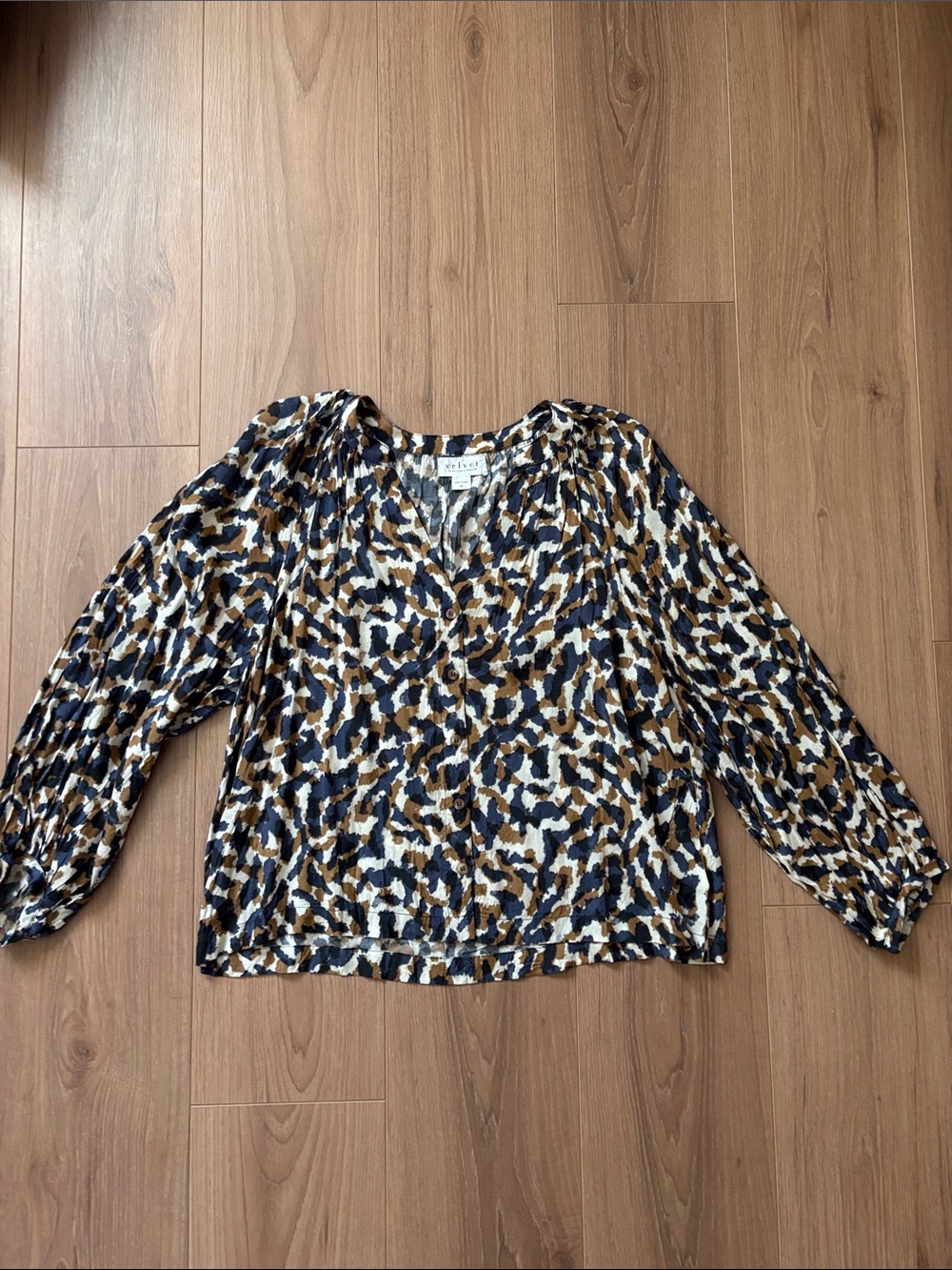 Velvet by Graham & Spencer Navy, Brown and Cream Printed V-Neck Blouse